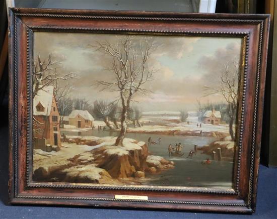 Attributed to Gerard Van Edema (1652-1799) Winter scene with figures on the ice 17.5 x 23.5in.